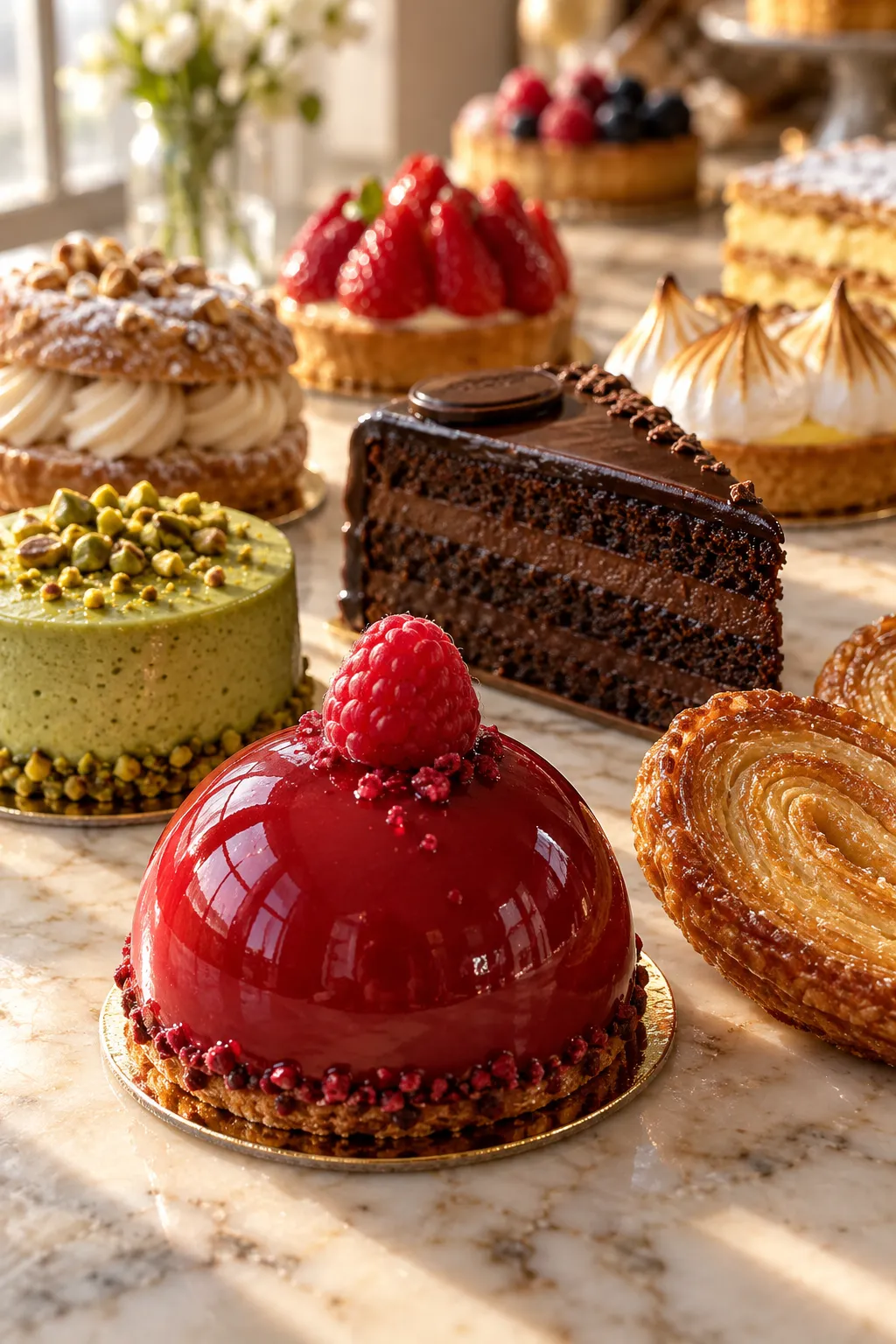Mostrador de Pastelería Güerri con una cúpula de frambuesa, un pastel de pistacho, una sacher y una palmera de hojaldre
