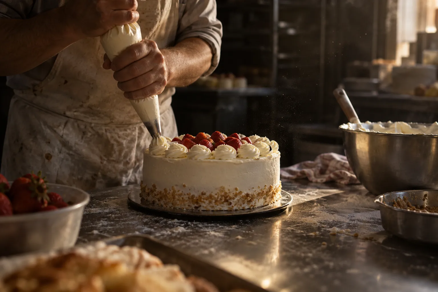 Manos del pastelero escudillando nata sobre una tarta en el obrador